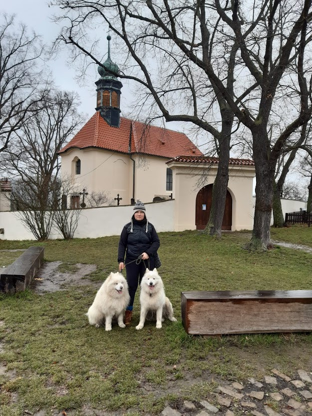 pevná  vůle - žena se 2 psy před kostelem