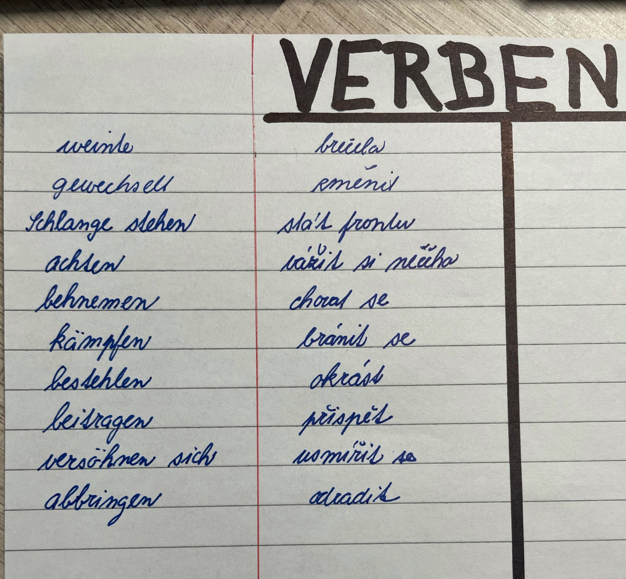 ručně psaná německá slovíčka