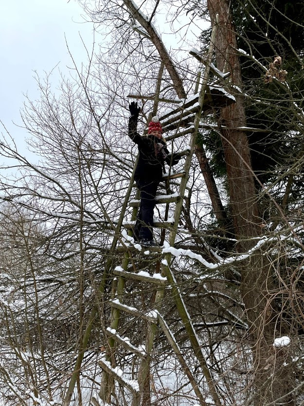 žena na žebříku k posedu v zimní krajině